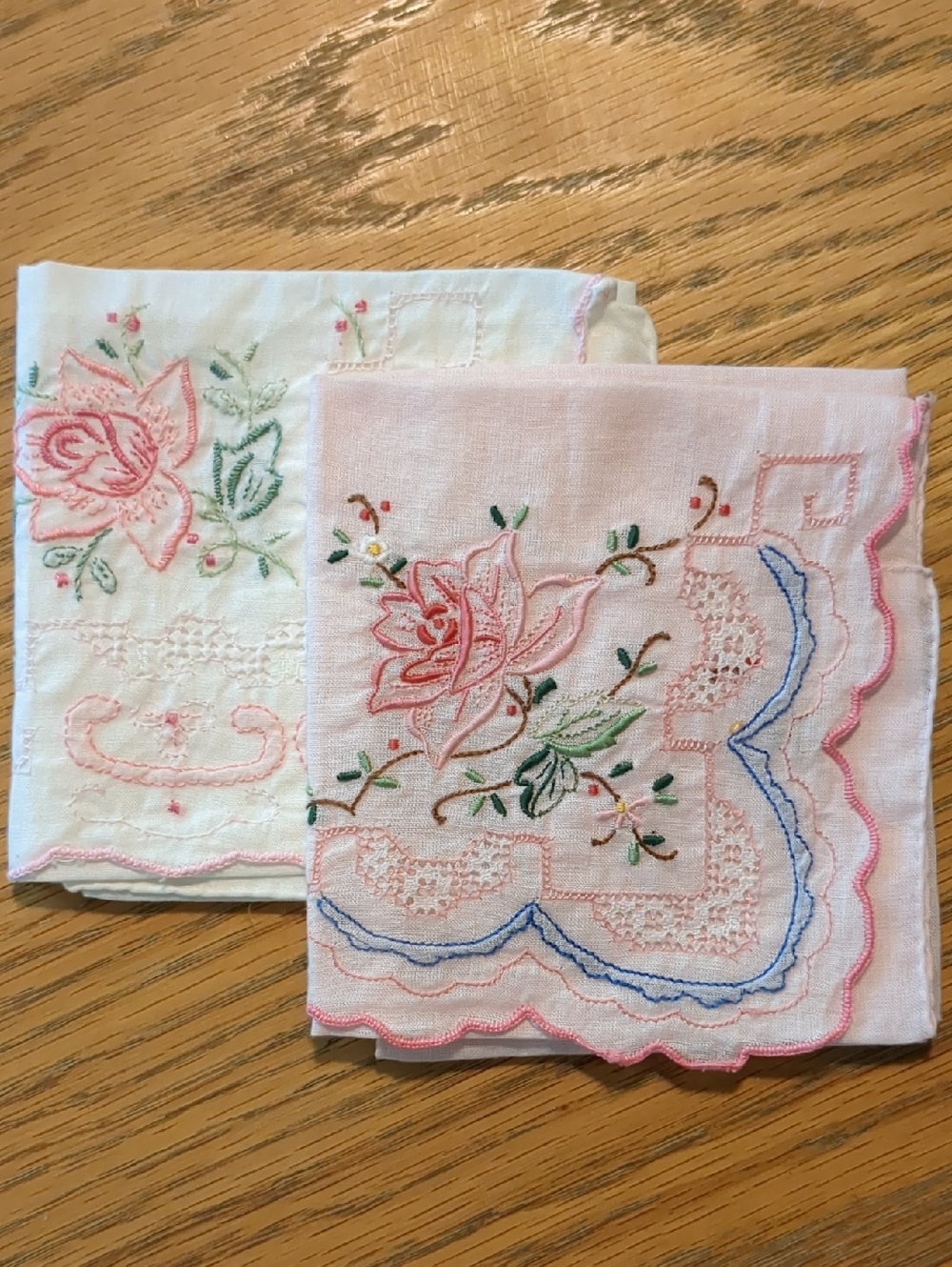 Set of Two Vintage Embroidered Handkerchiefs